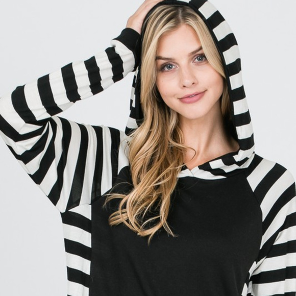 Tops - *PRICE FIRM*  Striped Hooded Top & Side Pockets